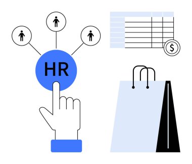 İnsan simgelerine bağlı İnsan Kaynakları düğmesine dolar işaretli bütçe tablosuna ve alışveriş çantasına el işareti. İdeal İK, işe alım, bütçe, finans, perakende, yönetim işyeri sade