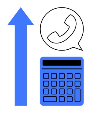 Mavi ok yukarıyı gösteriyor, siyah telefon konuşma balonunda, mavi hesap makinesi. Ticari büyüme, iletişim, planlama, ağ oluşturma, finansal başarı takım çalışması için ideal. Düz basit