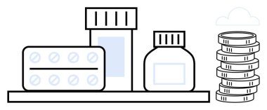 İlaçlar, ilaç şişeleri ve madeni paraların yanı sıra sağlığın karşılanabilirliğini, harcamalarını ve değerini vurgulayan madeni paralar. Sağlık, finans, tasarruf, bütçe ekonomisi için ideal