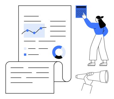 Çizelgeler ve grafiklerle ilgili iş raporu, hesap makinesiyle analiz yapan kadın, teleskop kullanan kişi. Finansal planlama, piyasa analizi, strateji, tahmin, karar verme, büyüme için ideal