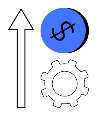 Dikey ok, büyüyen mavi doları temsil ediyor. Mali açıdan dişli mekanizmayı ve işleyişi simgeliyor. İş geliştirme, mali büyüme, verimlilik ve ilerleme için ideal