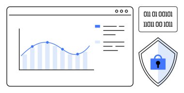 Veri noktaları olan bir çizgi grafiği gösteren grafiksel web arayüzü, yan tarafında ikili kod ve kilitli bir kalkan simgesi. Veri analizi, siber güvenlik, çevrimiçi güvenlik, veri koruması için ideal