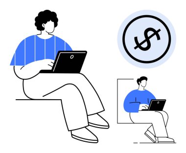 Bir dolar sembolünün yanında internetteki işi ya da e-ticareti temsil eden bir bilgisayarla oturan kişi. Serbest çalışmak, gelir artışı, e-öğrenim, finans, dijital araçlar, girişimcilik, düz basit