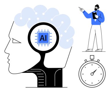 Yapay zeka çipli insan beyni akıllı sistemleri temsil eder. Not panosu ve kronometresi olan eğitmen öğrenme ve eğitim ekliyor. AI, yenilik, eğitim, bilim, araştırma, zaman yönetimi için ideal