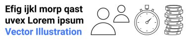 İki kullanıcı taslağı, bir kronometre sembolü ve takım çalışması, zaman yönetimi, finans, üretkenlik, işbirliği, basit bir iniş sayfasını temsil eden yer tutucu metnin yanında bir para yığını.