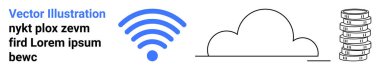 kablosuz sinyal ikonu, bulut ana hatları ve dijital bağlantıyı, bulut depolama ve ağ sistemlerini sembolize eden veri depolama yığını. IT, web tasarımı, bağlantı, bulut teknolojisi için ideal