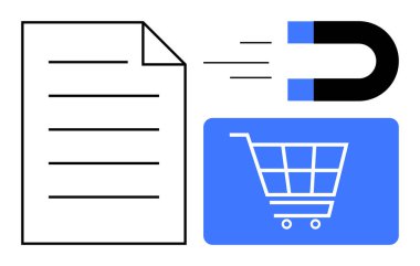 Belge ve mıknatıs, veri odaklı müşteri edinimini temsil eden mavi bir alışveriş arabasını çekiyor. Pazarlama, e-ticaret, veri toplama, müşteri koruma, büyüme stratejisi, dijital satış için ideal