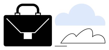 Fikirleri, bağlantıyı ve ilerlemeyi temsil eden soyut bulutlarla yan yana duran siyah evrak çantası. İş dünyası, kariyer büyümesi, işbirliği, dijital dönüşüm, yenilik, bulut teknolojisi için ideal