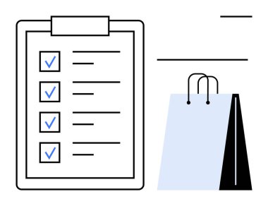 Görevlerin yanında mavi işaretli panodaki kontrol listesine alışveriş torbası eşlik ediyor. Planlama, organizasyon, alışveriş, verimlilik, görev yönetimi, verimlilik ticareti için ideal. Düz basit