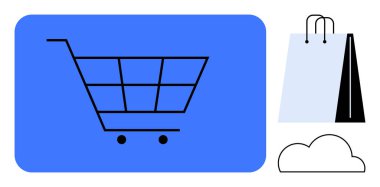 Mavi arka plandaki alışveriş arabası alışveriş torbaları ve bulut grafikleriyle eşleştirildi. E-ticaret, perakende satış, dijital pazar, çevrimiçi alışveriş, bulut hesaplama, tüketici davranışı, düz sade