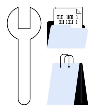 Büyük anahtar, ikili kod belgelerine sahip dosya klasörü ve alışveriş çantası araçları, veri yönetimi ve e-ticaret çözümlerini sembolize ediyor. Teknoloji, perakende, onarım, veri analizi dijital için ideal