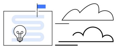 Bayrağı olan bir yolda ampul, yenilik ve hedef belirlemeyi simgeliyor, görüş ve tutkular için bulutların yanı sıra. Strateji, planlama, hedefler, yaratıcılık, ilerleme, gelecek fikirler için ideal