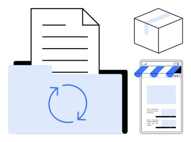 Geri dönüşüm okları, belge, vitrin tasarımlı akıllı telefon ve teslimat kutusu olan klasör. Veri paylaşımı, dosya değişimi, e-ticaret, dağıtım sistemleri, süreç optimizasyonu için ideal