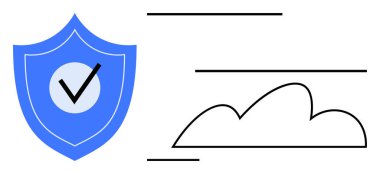 Mavi kalkan, çizilmiş bulut şekillerinin yanında işaretli. Veri güvenliği, bulut hizmetleri, siber güvenlik, dijital koruma, bulut depolama, çevrimiçi güvenlik, düz basit metafor