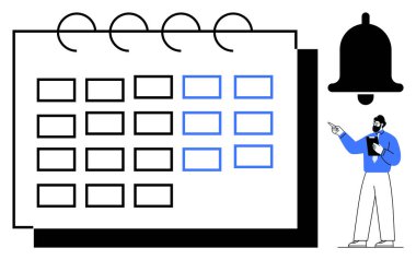 Izgara yerleşimi olan takvim sayfası, hatırlatıcılar için çan sembolü ve görevleri gösteren bir pano tutan adam. Zamanlama, üretkenlik, planlama, zaman yönetimi, organizasyon, bildirimler için ideal