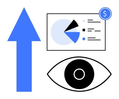 Finansal detaylar ve izleme için bir göz içeren bir pasta grafiği bilgisinin yanında yukarı doğru mavi ok. İş, büyüme, analitik, izleme, strateji, finans ve içgörü için idealdir. Düz basit