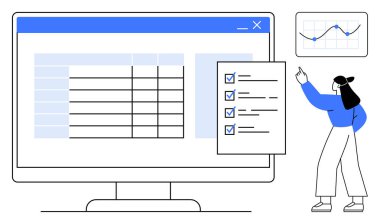 Kadın, masaüstü ekranındaki bir hesap tablosunun yanındaki listeyi inceler, grafikleri gözlemler. Analiz, planlama, organizasyon, üretkenlik, veri içgörüsü, iş akışı, düz basit metafor için ideal