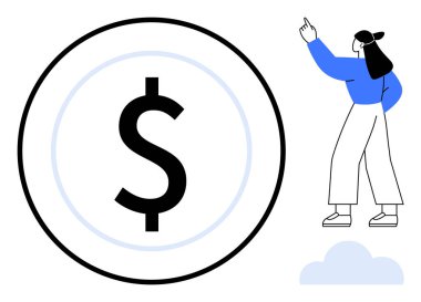 Yukarıyı gösteren bir kadının olduğu bir çemberin içindeki dolar işareti büyümeyi gösteriyor. Finans, ekonomi, yatırım, tasarruf, başarı, gelir planlaması ve motivasyon için ideal. Düz basit metafor