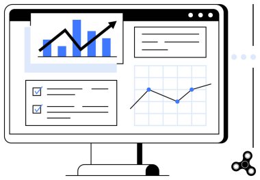 Çubuk grafiği, çizgi çizelgesi, kontrol listesi ve veri görselleştirme elemanları olan masaüstü ekranı. İş, analitik, raporlama, performans takibi teknoloji yönetimi için idealdir. Düz basit