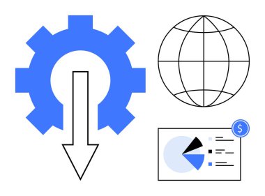 Aşağıya doğru ok sinyalleri gönderen ya da optimize eden bir vites. Küre küresel sosyal yardımı sembolize eder. Pasta grafiği ve para birimi tablosu finansal veri ve analizi gösteriyor. Finans ve pazarlama için ideal