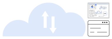 Oklu bulut veri transferini, analitik gösterge panelini ve web sitesi arayüzünü sembolize ediyor. Bulut hesaplama, veri yönetimi, analitik, web tasarımı, SEO teknolojisi yeniliği için ideal. Düz basit