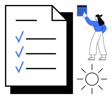 Mavi işaretli büyük bir kontrol listesi, hesap makinesi tutan kişi ve güneş ikonu. Üretkenlik, planlama, zaman yönetimi, hedef belirleme, organizasyon, düz bir metafor için ideal