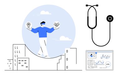 Binaların üstündeki otobanda ampul ve tokalaşmayı dengeleyen kişi. Stetoskop ve analitik gösterge paneli yakında. Sağlık hizmetleri, yenilik, veri analizi, takım çalışması, verimlilik ve şehir için ideal