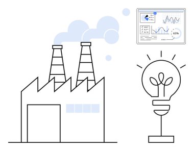 Duman yayan fabrika, veri analizi gösterge paneli ve enerji yeniliğini temsil eden ampul. Endüstri, teknoloji, çevre, sürdürülebilirlik, yenilik ve iş için ideal