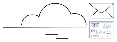 Grafikleri ve e-posta zarfını gösteren bir veri paneli olan bulut çizgisi. Teknoloji, veri analizi, iletişim, bulut çözümleri, uzaktan çalışma, iş, pazarlama için ideal. Düz basit metafor