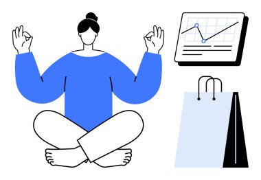 Yoga pozisyonunda meditasyon yapan kişi, yükselen eğilimli grafik çizelgesi, yakınlarda alışveriş torbaları. Farkındalık, verimlilik, ekommerce, tüketici davranışı, denge, veri büyümesi için ideal düz metafor