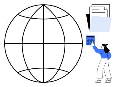 Dijital dünyanın yanında hesap makinesi tutan kadın, veri yönetimini, küresel işletmeyi, analitiği, takım çalışmasını, organizasyonu, iletişimi ve teknolojiyi basit bir şekilde temsil eden dosyalar ve belgeler.
