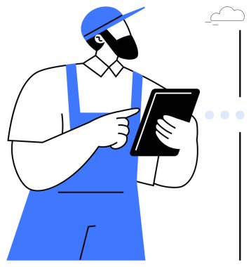 Mavi tulumlu ve kepli bir işçi tablet kullanarak ekranı işaret ediyor. Teknoloji, işgücü yönetimi, inşaat, lojistik, işlem sadeleştirme, iletişim yeniliği için ideal. Düz