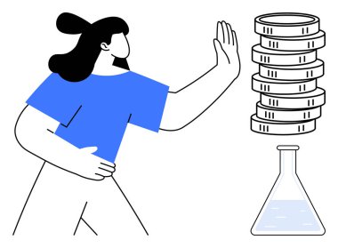 El hareketleriyle bozuk paraları reddeden bir kadın, laboratuvar şişesinin yanında. Bilim finansmanı için ideal, etik kararlar, ahlaki zorluklar, bütçe planlaması, bilimsel araştırma, değer yargısı