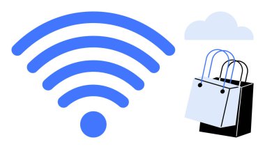 Mavi kablosuz sinyal bir bulutun altındaki alışveriş torbalarına doğru yayılıyor. Çevrimiçi alışveriş, e-ticaret, dijital pazarlar, kablosuz bağlantı, bulut hizmetleri, internet kullanımı, perakende satış için ideal