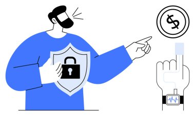 Kalkanı kilitli tutan adam, dolar işaretini işaret eden el taraması yapan akıllı adam. Finans, güvenlik, teknoloji, kimlik doğrulama, biyometrik dijital ödeme yeniliği için idealdir. Düz