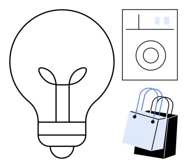 Ampul fikirleri, alışveriş torbalarını ve ev aletleri için çamaşır makinesini sembolize eder. Yenilik, teknoloji, tüketici davranışı, ev hayatı, yaratıcılık ve verimlilik temaları için ideal