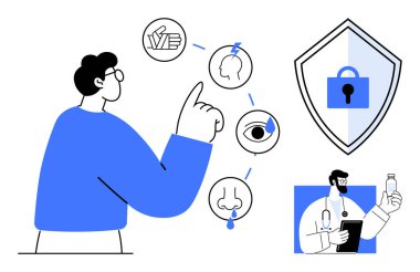 Beyni işaret eden adam, duyusal simgeler, elinde şişe tutan doktor, güvenli kalkan ve kilit. Sağlık hizmetleri, tıbbi danışmanlık, hasta güvenliği, siber güvenlik sağlık eğitimi bilgi gizliliği için ideal