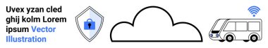 Kilit korumalı kalkan, bulut simgesi ve kablosuz aktifleştirilmiş akıllı otobüs. Siber güvenlik, bulut depolama, IoT bağlantısı, akıllı ulaşım, veri güvenliği, ağ sistemleri düz iniş sayfası pankartı için ideal