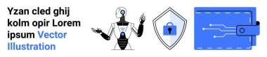 Gelecekçi yapay zeka robotu kol kaldırıyor, kilit sembollü kalkan ve dijital cüzdan konsepti. Teknoloji, siber güvenlik, finans, yapay zeka, veri güvenliği bilimi için ideal. Düz iniş için mükemmel.
