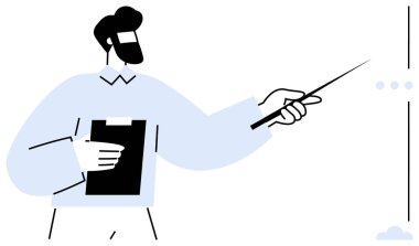 Pano tutan ve sopayla soyut verileri gösteren bir adam. Takım çalışması, liderlik, sunum, öğretim, strateji, rehberlik ve eğitim için ideal. Düz basit metafor