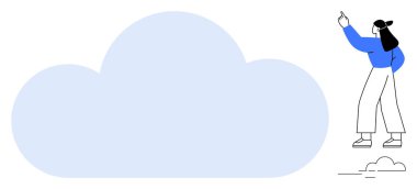 Üzerinde bir kadının işaret ettiği büyük mavi bulut bulut, bulut depolama, bağlantı ve gelecek görüşü fikirlerini ima ediyor. Teknoloji, veri yönetimi, İnternet, yenilik, işbirliği eğitimi için ideal