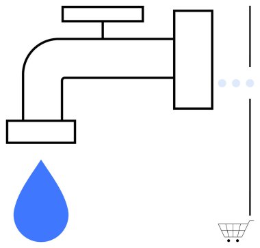 Minimalist su musluğu, alışveriş arabasına bağlı mavi bir damlayı salıyor. Sürdürülebilirlik, tüketim, su tasarrufu, ticaret, çevre bilinci, kaynak tasarrufu, temiz su için idealdir. Düz