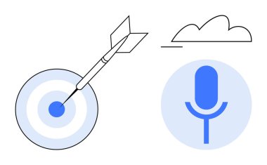 Hedefin merkezine ok darbesi, daire şeklinde mavi mikrofon ve bulut çizgisi. Hassasiyet, iletişim, teknoloji, hedefler, medya stratejisi geleceği için idealdir. Düz basit metafor