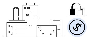 Minimalist kentsel ufuk çizgisi güvenli bir koltuğun yanında ve para sembolünü geçti. Finans, gayrimenkul, yatırım, iş güvenliği, tasarruf, şehir ekonomisi, iş koruması için ideal. Düz basit