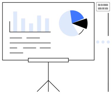 Sunum ekranında çubuk ve pasta grafikleri gösterilen grafikler. İkili kod veriyi vurgular. Veri analizi, raporlama, iş stratejisi, eğitim, pazarlama, teknoloji ve daire için ideal