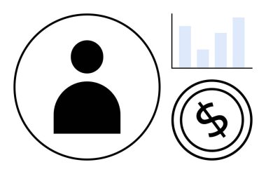 Siluet kişi simgesi bir tablo ve dolar işareti ile çevrili, kullanıcı bağlanması, finans ve veri analizi öneriyor. İş için ideal, analitik, finans, kullanıcı yönetimi, bütçe