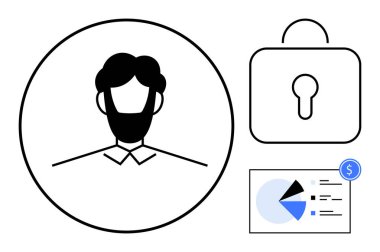 Kilitli kilit ve finansal analiz çizelgesinin yanındaki erkek avatar profili. Veri gizliliği, güvenlik, finans, kimlik doğrulama, dijital pazarlama, teknoloji, profesyonel hizmetler için idealdir. Düz