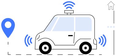 Radar dalgaları ve güdümlü güzergahta GPS pimi olan kendi kendine giden araba akıllı teknolojiyi, navigasyonu ve yeniliği temsil ediyor. Hareket edebilirlik, teknoloji, yapay zeka, loto, güvenli ulaşım geleceği için ideal. Düz