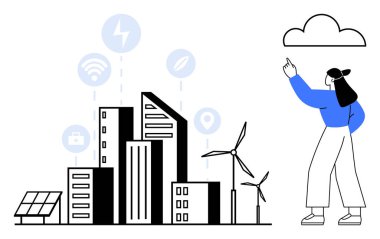 Gökdelenler, rüzgar türbinleri, güneş panelleri ve ekolojik ikonlar sürdürülebilirliği ve akıllı teknolojiyi ön plana çıkarırlar. Buluta işaret eden kadın birleşmeyi öneriyor. Teknoloji, çevre ve şehir planlaması için ideal