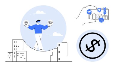 İş adamı yenilik ve ortaklığı dengelerken finansal istikrar elde sanal alışveriş arabası ve e-ticareti sembolize eden dolar işareti ile gezinir. İş, finans ve yenilik için ideal